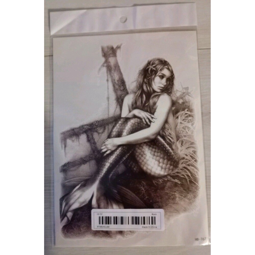 Mermaid Body Tattoo Transfer Black & Gray Body Art 7 1/2 X 5 1/4 NIP - Picture 2 of 3